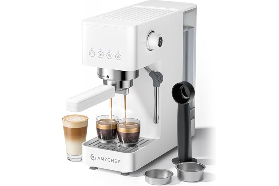 AMZCHEF 20-Bar-Professional-Espresso-Machine, 1350W Coffee Machine with Milk Frother, Flexible Brewing Options, Compact Espresso Machine for Cappuccino, Latte, White