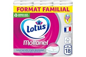 Lotus Moltonel Papier Toilette 3 Épaisseurs Blanc avec coussinets absorbants, 18 Rouleaux