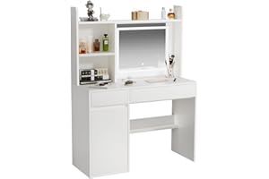 ZenkiHome Dressing Table, 105cm Vanity Desk with Large Mirror and Adjustable Lights, White Dressing Table for Girls and Adults