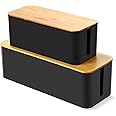 Cable Tidy Box, Larger Cables Organised Box, Set of 2 Cable Storage Box with Bamboo Lid for Hiding Messy Cables Wire Management 16"x 6.2"x 5.4" and 12.6"x 5.3"x 5.1"