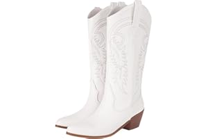 COOLCEPT Wetsern Cowboy Boots Embroidered Mid Calf Boots Pull on