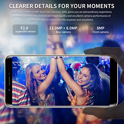 Smartphone ohne Vertrag, DOOGEE X60L 4G Dual SIM GÃ¼nstig Handy(18: 9 Vollanzeige), 5.5 Zoll Android 7.0 HD IPS Handys mit MTK6737V Quad Core, 2GB RAM+16GB ROM,Dual 13.0MP + 8.0MP RÃ¼ckfahrkamera, 3300mAh - RÃ¼ckseite Fingerabdruck entsperren - Gold