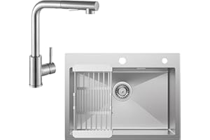 CECIPA Évier de cuisine 60x45 cm + robinet extensible égouttoir siphon - 1 bac carré - Évier encastrable 2 trous