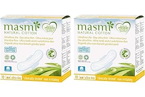 Masmi Lot de 2 serviettes hygiéniques de jour ultra fins avec ailettes emballées individuellement, coton bio certifié, hypoallergénique, biodégradable, sans viscose, rayonne, chlore et dioxine