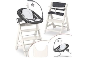 hauck Trona Beta Newborn Set de Trona Evolutiva Bebe apta desde el Nacimiento, Tronas de Bebe Evolutiva con Hamaca, Cojín y Bandeja, Silla Bebe Madera - White Melange Grey