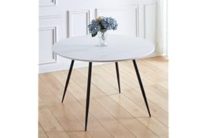 Hallowood Furniture Cullompton Large Round Dining Table, White Marble Dining Table with Black Metal Legs, Wooden Dining Table, 120 cm Dining Tables for Home, Cafe and Restaurants