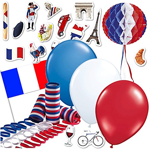 315-teiliges Dekoset * FRANKREICH * für eine Länder-Party // mit Hänge-Dekoration + Fahnen + Picker + Luftballons + Luftschlangen + Konfetti // Deko Dekoration Set Mottoparty France
