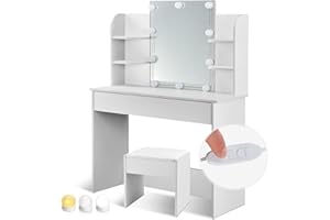 Juskys Schminktisch Bella mit LED Beleuchtung & Hocker Melly - Spiegel, Schublade & Ablagefächer - Holz - Sitzhocker gepolstert, Kosmetiktisch Weiß
