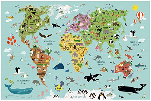 Illustrierte Weltkarte für Kinder mit vielen süßen Tieren XXL 120 x 80 cm Poster - 3