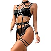 Black Women's Underwire Garter Set with Transparent Tulle Harness and Chain Clamp Detail