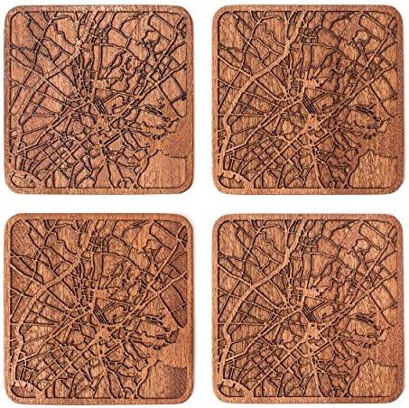Athens Map Coaster, Set of 4, Sapele Wooden Coaster with City Map, Handmade