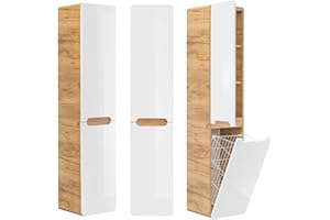 Lomadox Badmöbel Hochschrank mit Wäschekorb LUTON-56 Wotan Eiche Nb. mit Hochglanz weiß, B/H/T ca. 35/170/35 cm