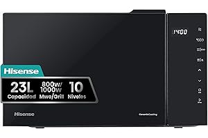 Hisense H23MOBS5HG4 - Microondas Digital con Grill 23 Litros, 1000W, Revestimiento Cerámico, Cristal Premium, Modo ECO, Descongelación programada, 10 Niveles de Potencia, Fácil Limpieza