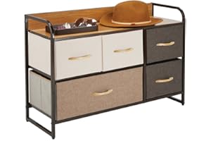 mDesign Cómoda para dormitorio con 5 cajones – Mueble con cajones ancho para el salón, la habitación o el pasillo – Cajonera de metal, MDF y tela para guardar ropa – colores y marrón