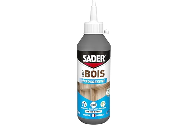 Sader Colle à Bois Prise Progressive – Formule Vinylique – Intérieur – Colle Forte pour Tous Types De Bois et Dérivés –Transparente après Séchage – Sans Solvant – Biberon de 250 g