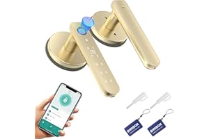 BIWIBON Fingerprint Door Lock, 5 in 1 Smart Door Knob with Smart APP/IC Cards/Password/Backup Keys, Fingerprint Door Knob with Keypad for Bedroom, Office, Apartment, Gold