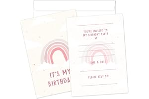 Manta Makes 12 x Pink rainbow birthday invitations for girls, party invites for girls birthday party, pink party invitations for kids (12 Invites and envelopes)