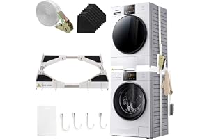 Washer Dryer Stacking Stand Kit Adjustable 45-70cm Wash Machine Stack Rack | Gluckluz Universal Stack Kit with 6M Ratchet Strap & 4 Hanging Hooks, Space Saving Solution