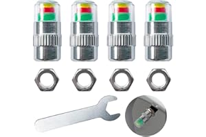 QitinDasen 4Pcs Premium Coche Neumático Presión Monitor Válvula Vástago Tapas, Advertencia Seguridad Sensor Indicador 3 Colores, Neumático Válvula Cubierta Antipolvo, con Tuercas y Llave