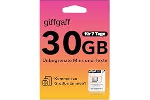 SAFFRUFF Giffgaff UK Prepaid SIM-Karte, 7 Tage mit 30 GB Daten + unbegrenzte Minuten und SMS, verwendet in Großbritannien, England, Schottland, Wales, Nordirland, London…