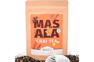 BATU Te Chai Bolsitas | Premium | 20 Bolsitas de té ecológicas | Origen Assam, India | 100% ingredientes naturales | Receta te chai latte : Añadir al te negro chai, un poco de leche