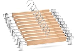 NIULAB 10 Stück 35cm Natur Kleiderbügel aus Holz,Robust Rockbügel, Hosenbügel mit 360° Drehbar Haken, Metall Kleiderbügel Platzsparend mit rutschfest Clips für Hosen Socken Röcke (Holzfarbe)