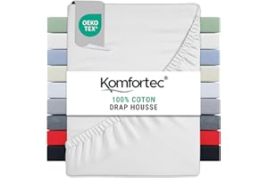 Komfortec Drap Housse Lit 160x200 cm - Jersey 100% Coton 135g/m² - Certifié Oeko-Tex - Bonnet 30 cm - Drap Lit avec Élastique pour Matelas Épais - Blanc