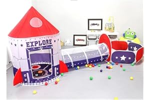 Floving 3 en 1 Enfants Jeu Tente Tunnel Boule Pit Enfants Jeux Maison Tente avec Panier, Jeux Enfants Tente avec Poche à emporter (La fusée)