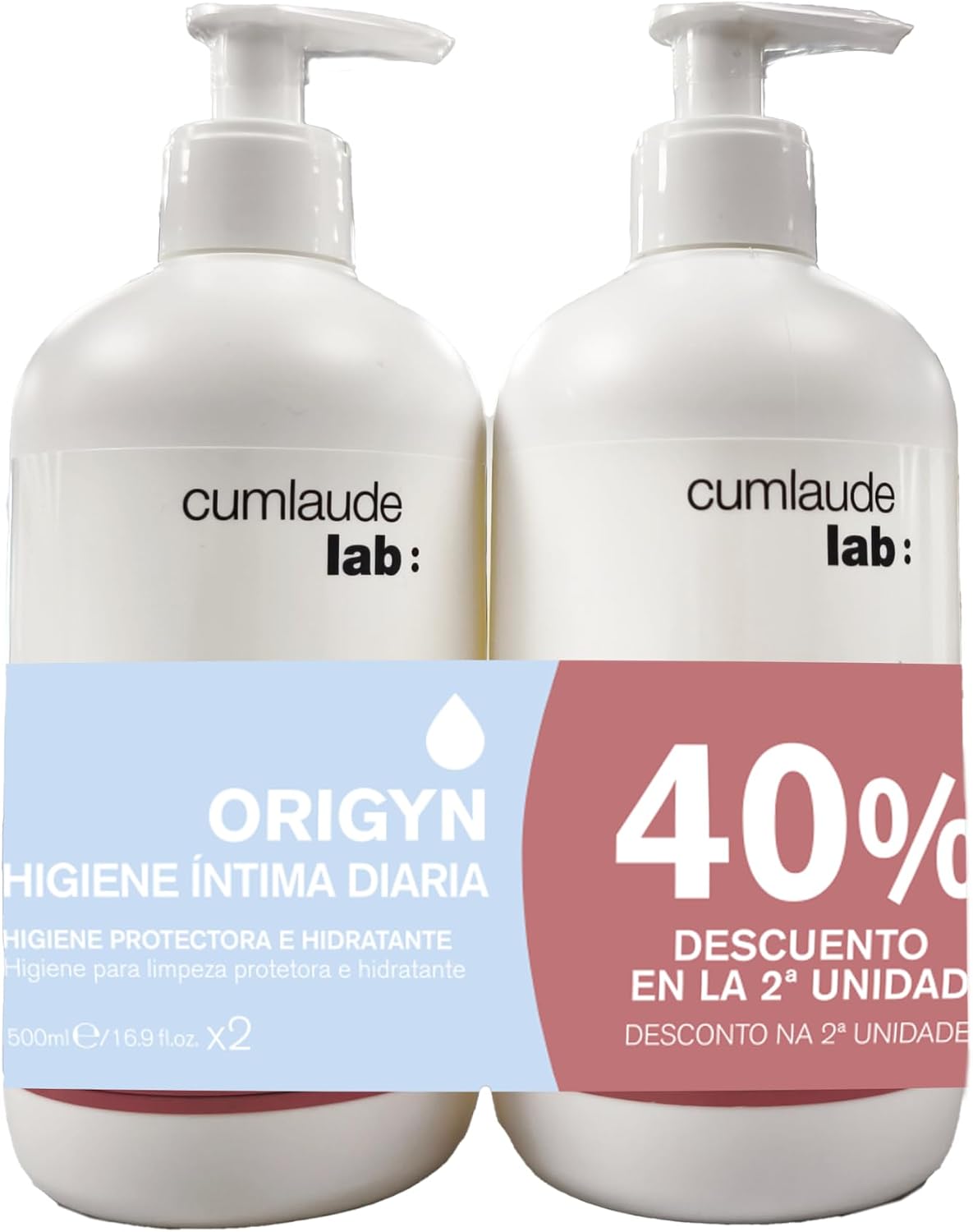Cumlaude Lab - Origyn Higiene Íntima, Gel Íntimo con Postbióticos y Ácido Láctico, pH Ácido 4,1, Limpieza Suave e Hidratante, Sin Jabón, Uso Diario para Mujer - Pack de 2 x 500 ml