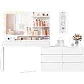VASAGLE Dressing Table with Mirror and Lights, 8 Drawers | Makeup Table, 8 Drawers, Cloud White, KAILYN Collection RDT140WB01