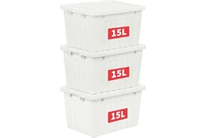 Cetomo 15 L x 3 förvaringslådor med lock, plastförvaringslåda med säkra sidolåsar, stapelbar och stapelbar organiserare för h