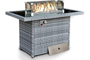 GOODS EMPORIUM Rattan Gas Fire Pit Table with Lava Stones, Removeable Wind Guard & Lid Cover - Outdoor Table Top Fire Pit for Garden, Patio, Conservatory - FREE RAIN COVER INCLUDED (Grey)