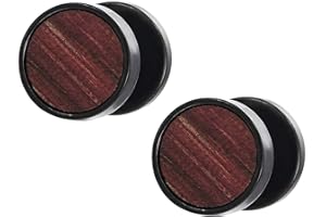 AIBADA 2 Noir Cercle Boucles d'oreilles avec Bois Homme Femme - Bouchon Jauge Faux Cheater Fake Gauges Plugs - Acier 1 Paire 01（-）