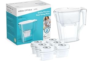 Aqua Optima Oria Water Filter Jug & 6 Evolve+ Filter Cartridge 2.8L Blue - Fridge & Dishwasher Friendly, Easy Fill - Reduces Limescale, Chlorine & Other Impurities - By LAICA (Packaging May Vary)