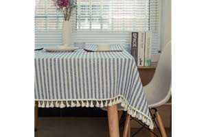 Meioro Manteles Rectangular Mantel Antimanchas Mantel para Mesa de Lino Striped Tassel Tablecloth La decoración del hogar es Adecuada para Interiores y Exteriores (Rayas Azules/Blancas, 140×180cm)