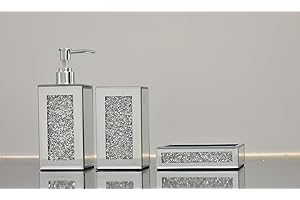 Deenz Set Of 3 Piece Crushed Jewel Diamond Bathroom Accessories Soap Dispenser Toothbrush Holder & Soap Holder In Silver