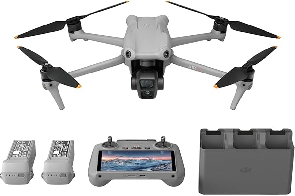 DJI Bundle Air 3 Fly More avec RC 2 (radiocommande avec écran), drone avec télécaméra moy. et double caméra principale pour adultes 4K HDR, temps de vol max. 46 min, 48 MP, O4, deux batteries sup