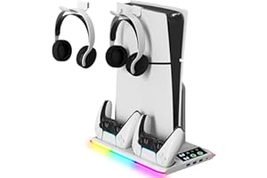 Yaskyly Soporte para PS5/Slim/Pro con Cargador Mando, Ventilador PS5 de 3 Velocidades, Luz LED RGB, Soporte PlayStation 5 Vertical con 3 Puertos USB, Soportes Compatible con Consola PlayStation 5