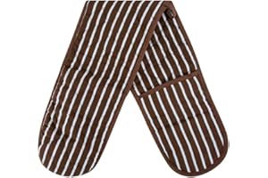 MARIA LUXURY BEDDING & LINEN Brown Double Oven Gloves - Heat Resistant Oven Mitts for Home Kitchen Baking and Cooking, Butchers Stripe Pot Pan Tray, Heavy Duty Cooking Gloves