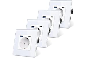 CNBINGO Glasvägguttag, 4-pack med USB-portar (typ C och typ A, totalt 3,1 Amp) – designat vägguttag med skyddskontakt, enkelt
