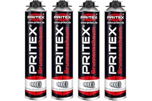 PRITEX – Brunnenschaum 4 x 750 ml zur Montage von Brunnenschachtringen & Rohrelementen – Pistolenschaum mit sehr guter Haftung & hoher Beständigkeit – Bauschaum für Montagepistole