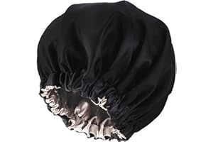 LABUYI 1 pieza Gorro saten pelo rizado,Silk bonnet,Gorro saten,Gorro seda dormir pelo rizado,Gorro de seda para dormir,Doble Gorra de Noche Sombrero de Gorro de Dormir Ajustable(Negro)