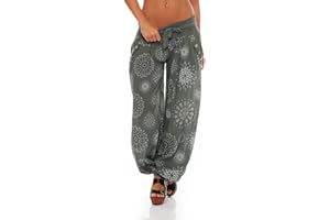 MALITO MORE THAN FASHION Malito – damskie spodnie haremki z nadrukiem – rozmiar uniwersalny z bawełny – lekkie spodnie materiałowe w zestawie pasek z materiału – wygodne spodnie letnie na ciepłe dni – cienkie spodnie