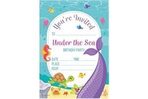 Kirsten McMillan 32 Mermaid Birthday Party Invitations for Kids with Envelopes - Pack of 32 Mermaid Party Invites for Girls & Boys - Designed and Printed in the UK