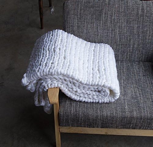 Handmade Chunky Wool Knit Throw Sofa Blanket Hand-woven Thick Wool Bulky Blanket Home Decor Gift (White, 60 x 60cm)