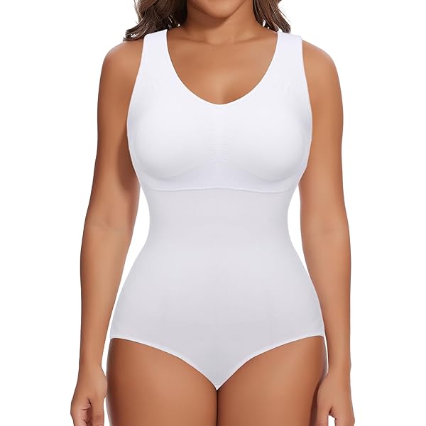SHAPERIN Shapewear Bodysuit voor dames, buikcontrole, bodyshaper, afslankende bodysuit, tanktop, compressiepatroon met ingebouwde beha, Wit, L
