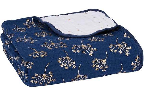aden + anais - Couverture de Rêve Dream Blanket Prélavée en Mousseline Metallisee 100% Coton - Imprimé Metallic Gold Deco - Quadruple-épaisseur 120 cm x 120 cm