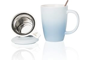 Candiicap Tazza da Tè in Ceramica con Infusore, Cucchiaio e Coperchio, 385ml, Tazza con Filtro da Tè Grande per Tè, Caffè, Latte-Adatto al Microonde e alla Lavastoviglie (385ml,Blu Cielo)