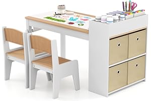 ‎DREAMADE DREAMADE 2 in 1 Kindertisch mit 2 Stühlen, Kinder Maltisch mit Papierrolle & 4 Stoffboxen & Ablagefächern, Kindersitzgruppe aus Holz mit Stauraum für Kinderzimmer, Spielzimmer (Natur)