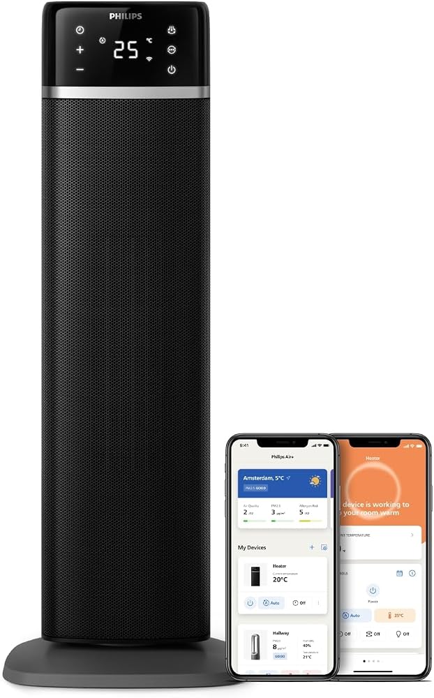 Philips 5000 Serisi Enerji Verimli Bağlantılı Kule Fan Isıtıcı, 2000W, enerjide%50'ye kadar tasarruf, sıcaklık ekranı, 5 güvenlik özelliği, 4 mod, 60° salınım, sessiz, siyah & koyu gri (CX5120/11)